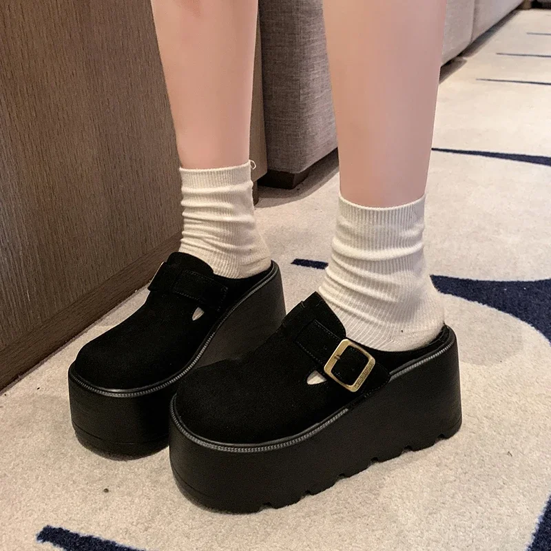 Women High Platform Slippers 7CM Wedges Bling Shoes Woman Outside Leather Casual Chunky Sneakers Summer Breathable Mesh Slippers