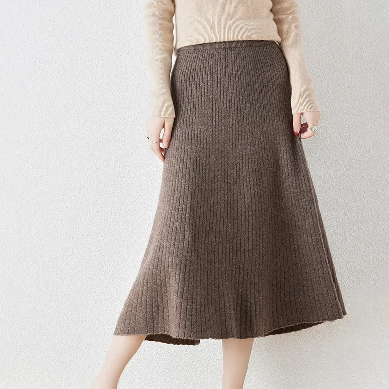 New Arrival Autumn and Winter 100% Wool Knit Skirt Women\'s High Waist Skirt Lady Fashion Soft Quanlity Elastic Knit Skirt Girl