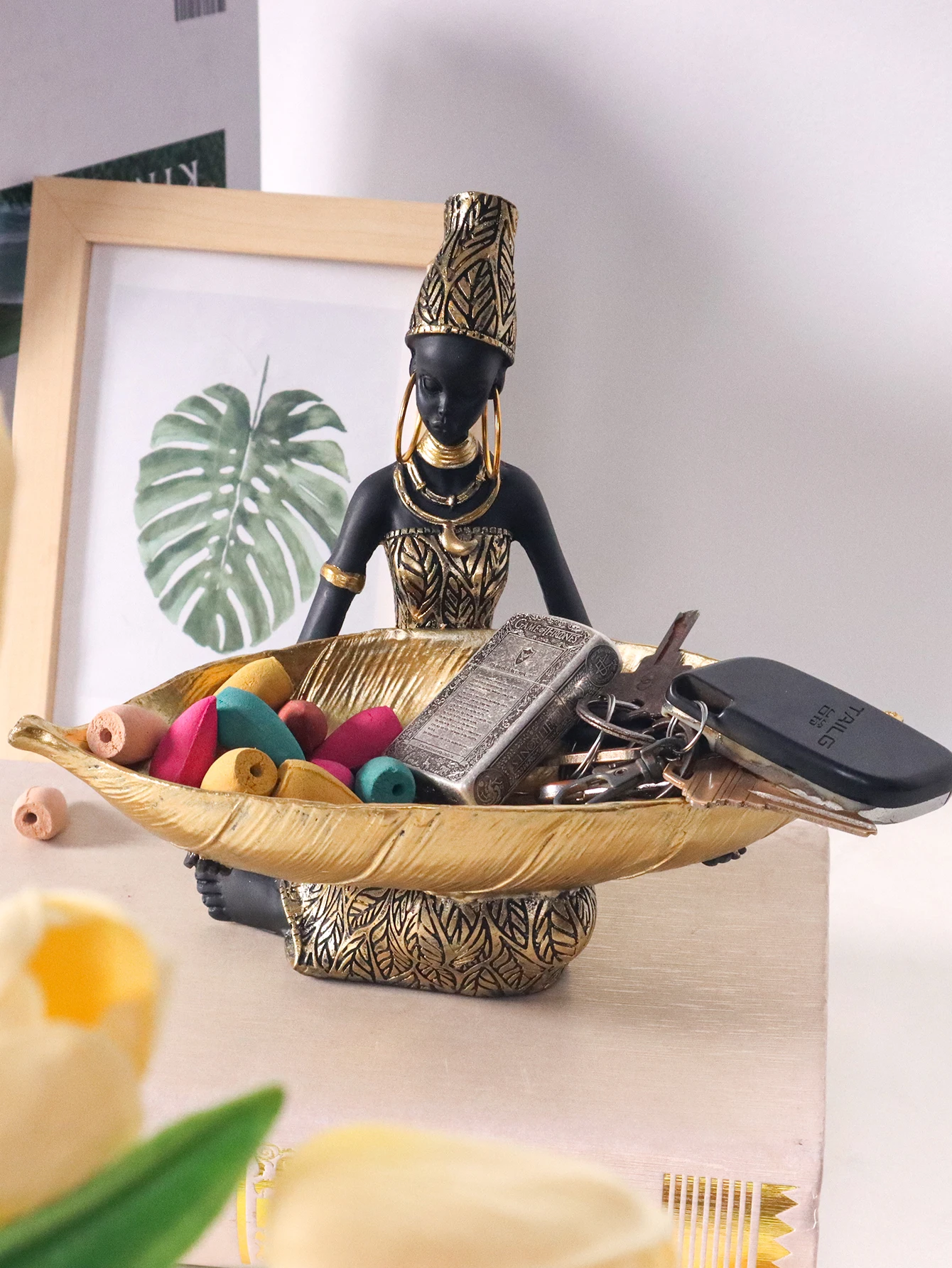 

African Girl Holding a Plate Sculpture, Home and Office Decorative Storage Ornament, Vintage Collectible Craft Deskt Decor