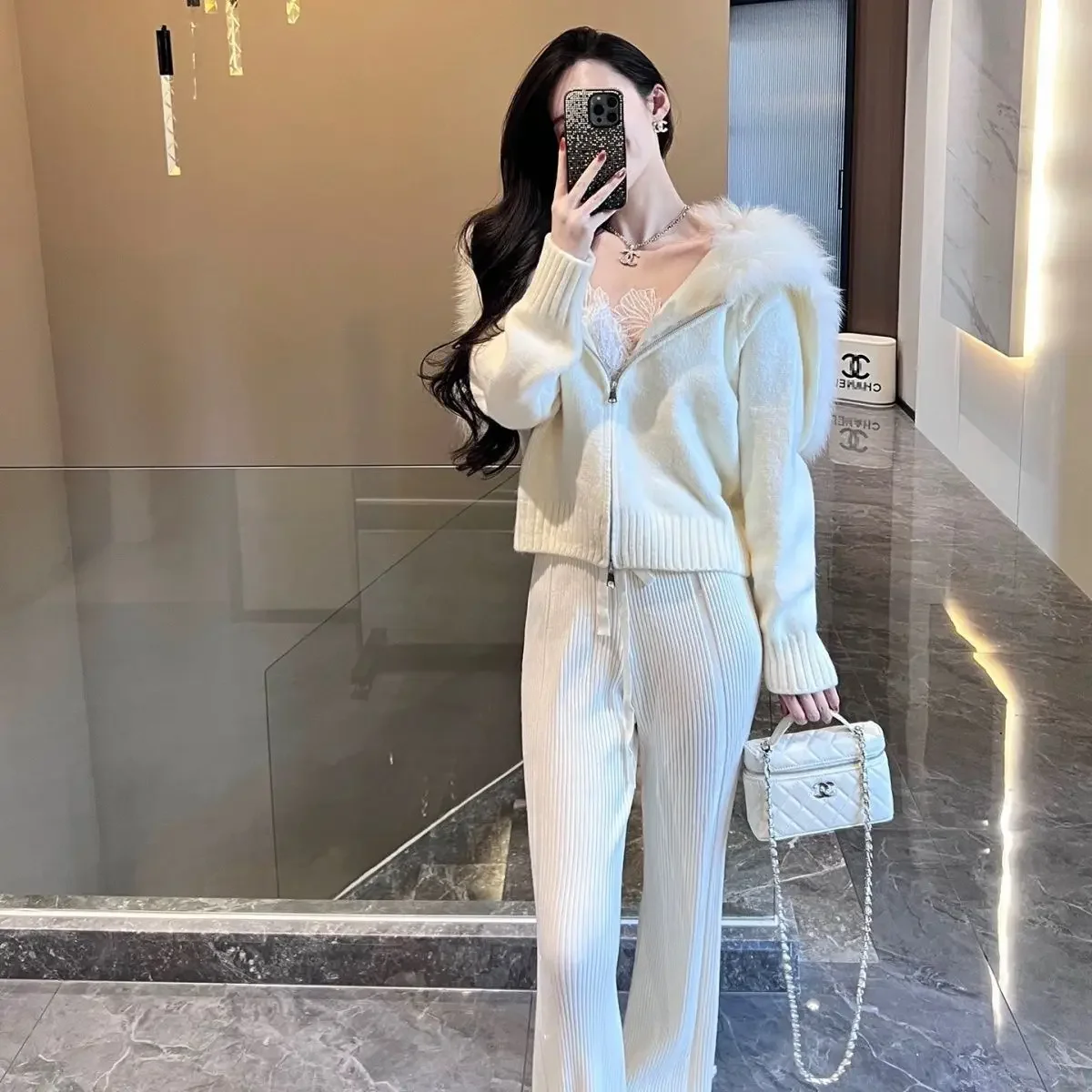 

New Fashion Fur Patchwork Knitted Cardigan Women Autumn Winter Solid Color Casual Loose Zipper Sweater Jacket Wool Coat