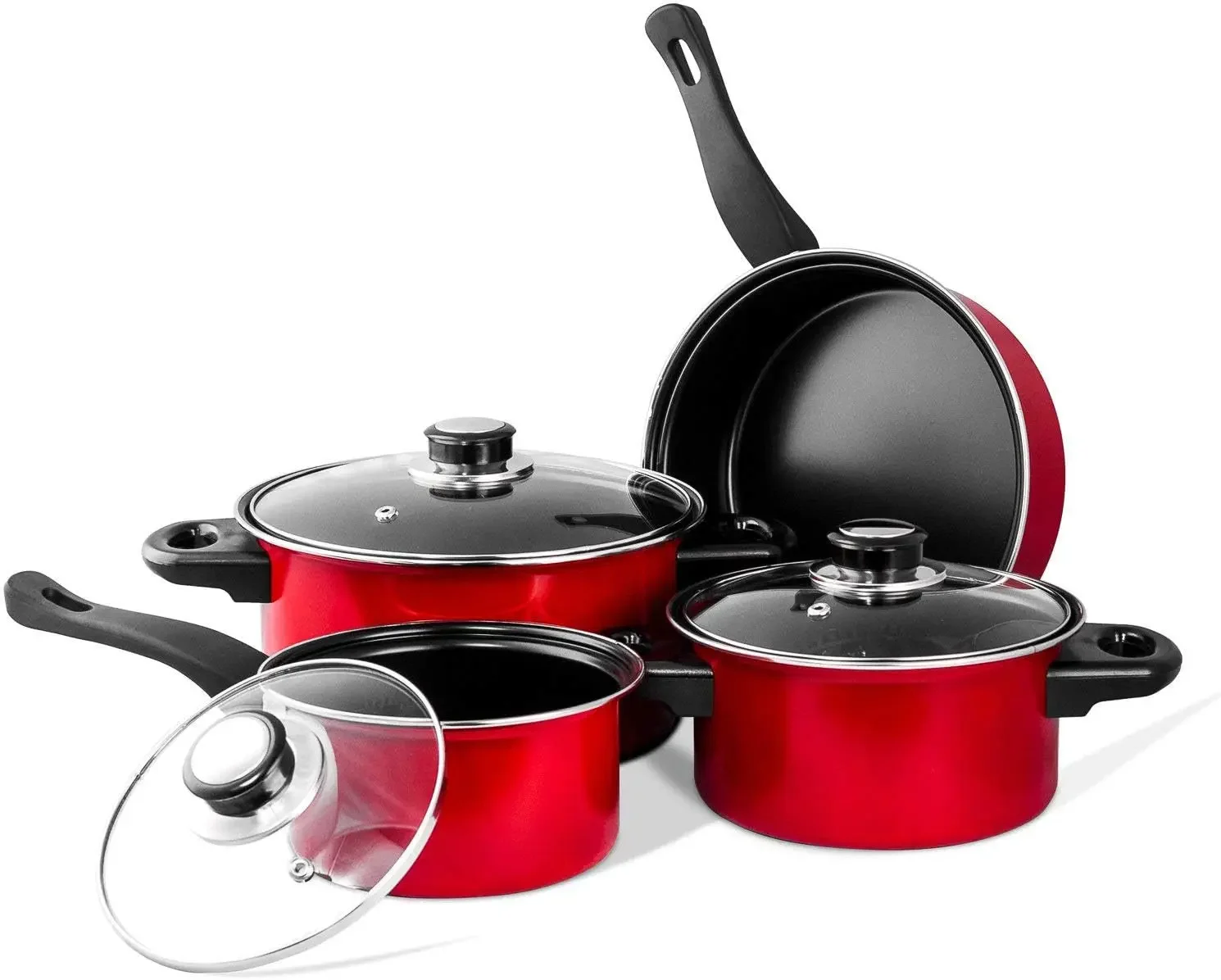 

7 Pcs Carbon Steel Nonstick Cookware Set, Pots & Pans, Dishwasher Safe Cooking Set, Kitchen Essentials (Red/Black)