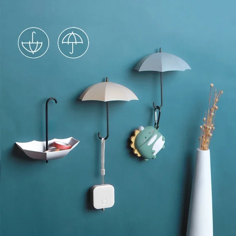 3pcs Set Sticky Hooks Creative Umbrella Shaped Hook Self-adhesive Wall Hanging Keys Sundry Storage Holder Room Hanger Hook