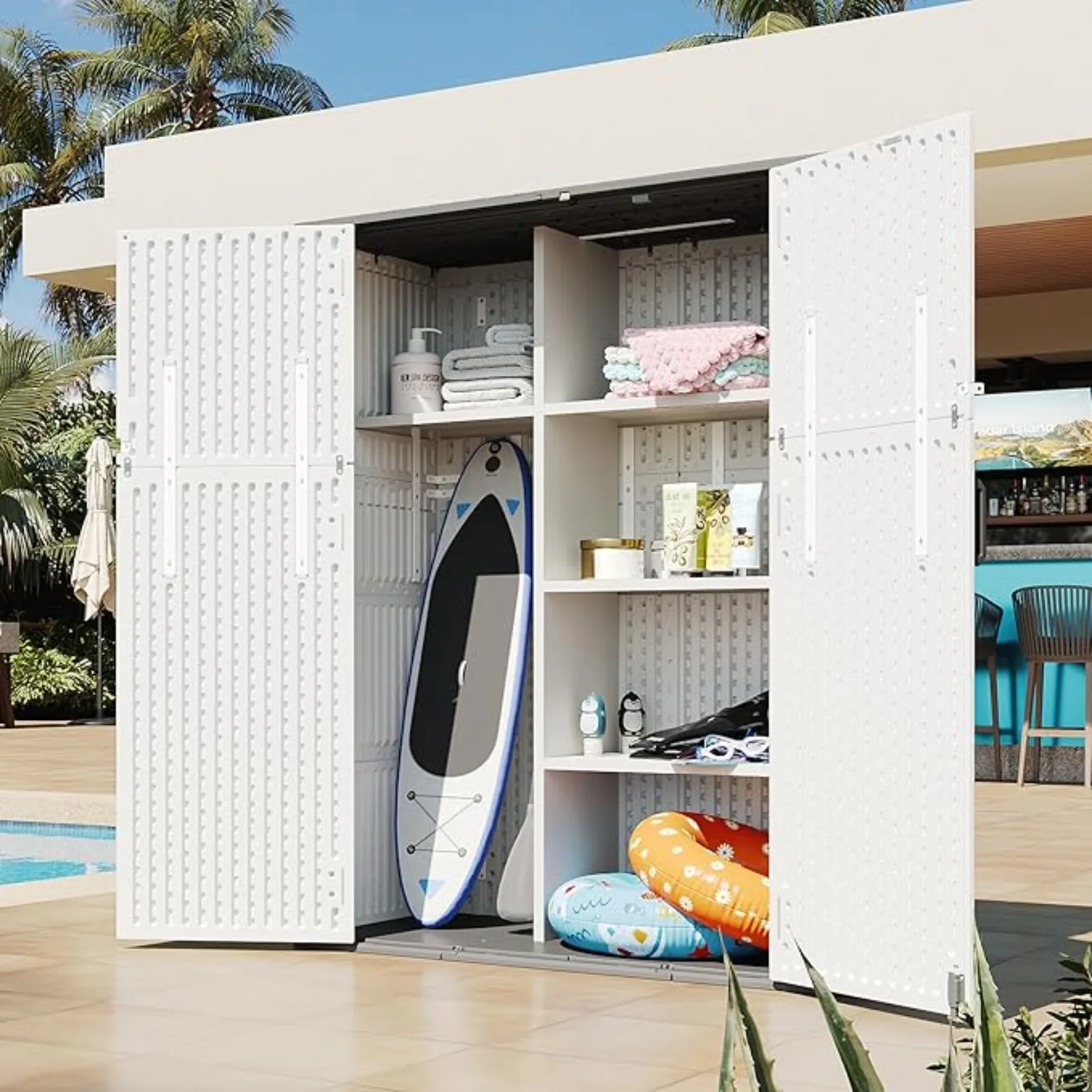 

61 Cu.t Outdoor Storage Shed with Metal Shelving Kit, Widened Outdoor Storage Cabinet Waterproo Veal Resin Shed with loor or Gar