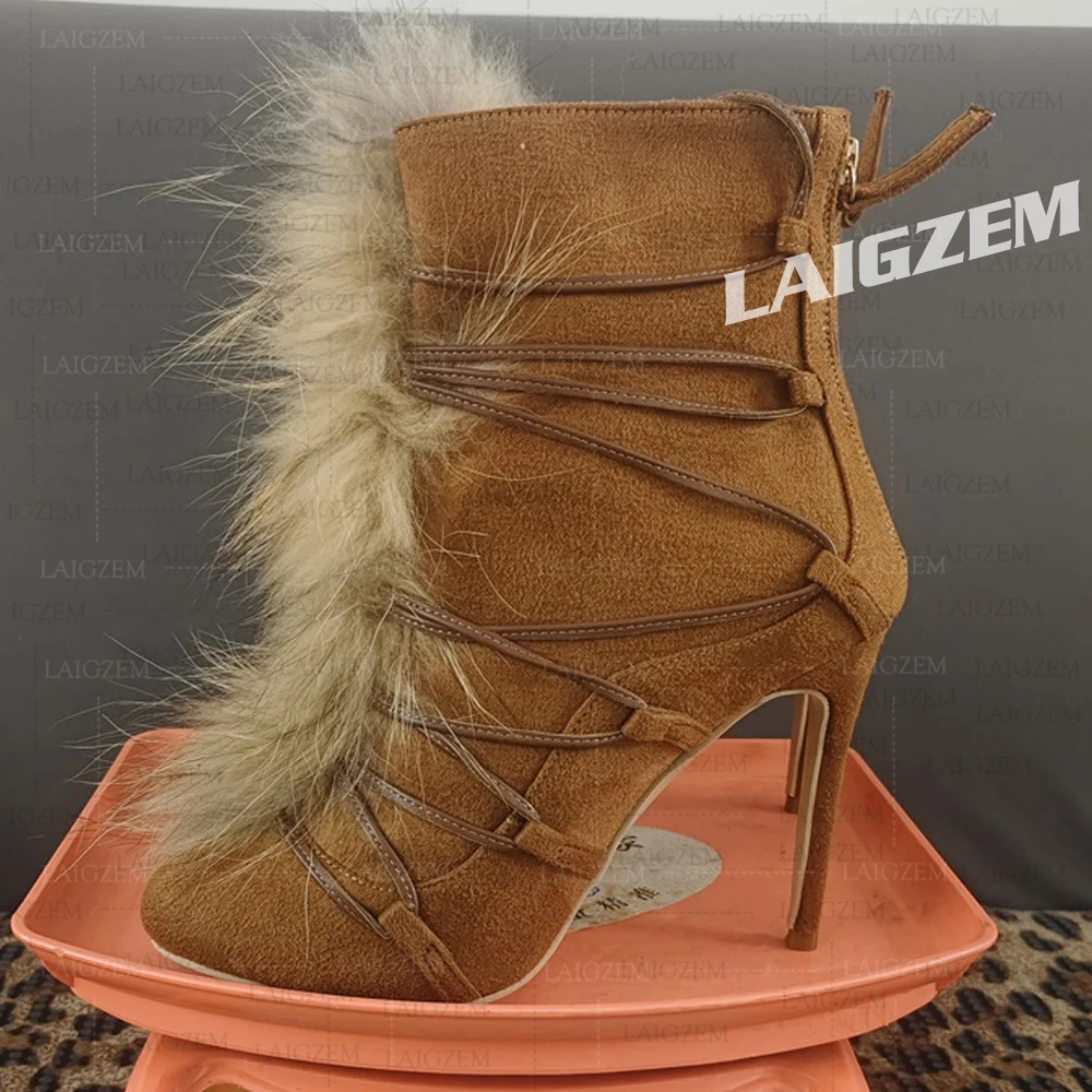 ZHIMA Women Short Boots Faux Suede Back Zip Thin High Heels Fur Ankle Boots Handmade Ladies Shoes Woman Large Size 38 41 45 52