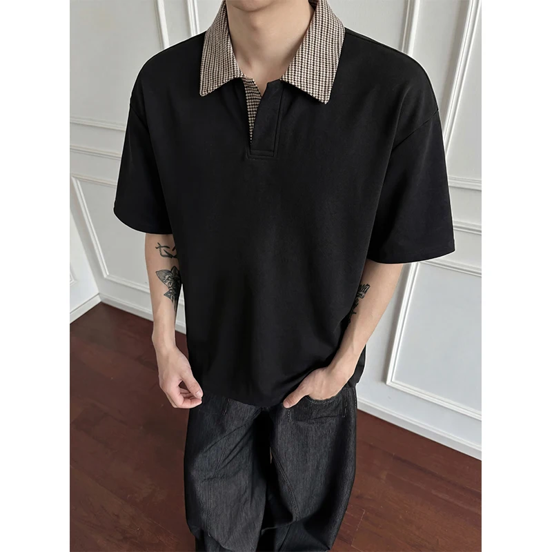 

Summer Short Sleeved T-shirt Men Black Casual Lapel T-shirt Men Streetwear Korean Loose White Plaid T Shirt Mens Polo Shirt