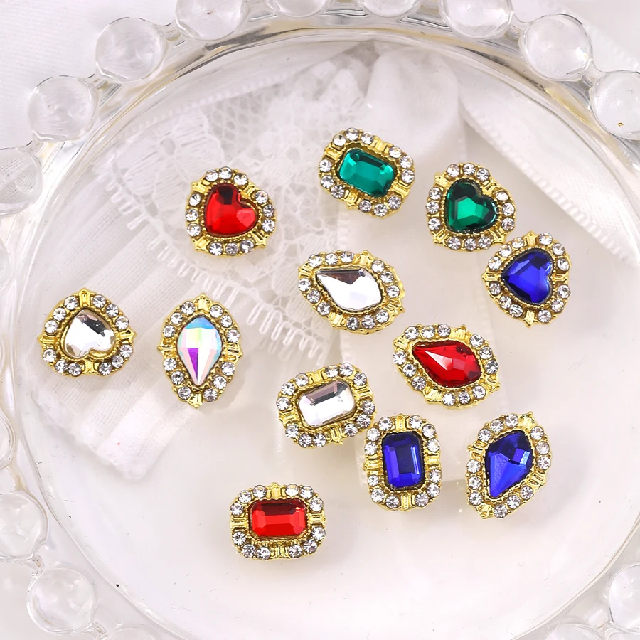 12 Grids 3D Vintage Palace Nail Gem Kit, Gold Frame Heart Teardrop Square Rhinestone Charms for Nail Art & DIY Craft
