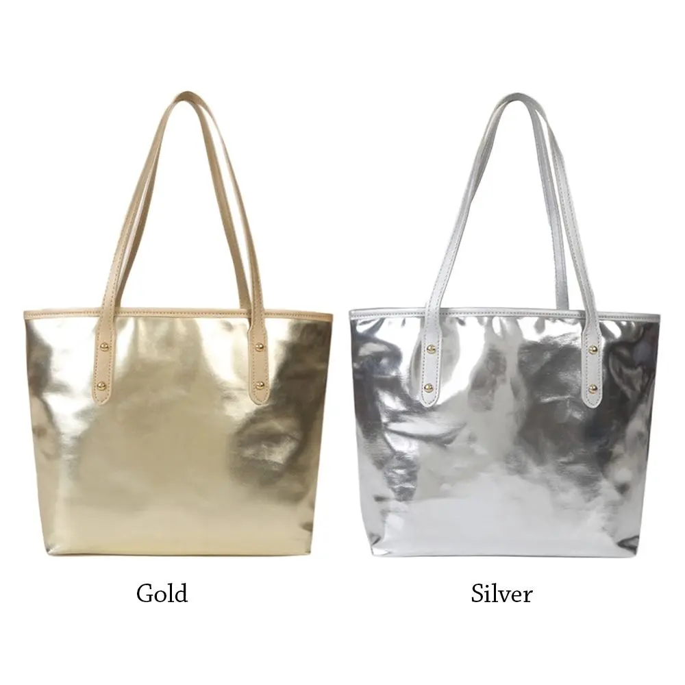 Women PU Leather Shoulder Bag Large Capacity Silver Tote Bags Casual Handbags Fashion Girls Travel Handle Bag Shopping Bag