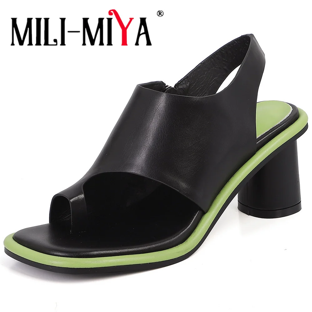 MILI-MIYA Fashion Square Toe Women Full Genuine Leather Sandals Round Thick Heels Mixed Color Slip On Big Size 34-40 Summer Shoe