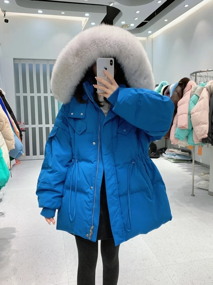 Winter Women Large 2023 Real Fox Fur Hooded Waterproof Puffer Jacket Thick Warm Loose 90% Duck Down Parka Female Snow Coat