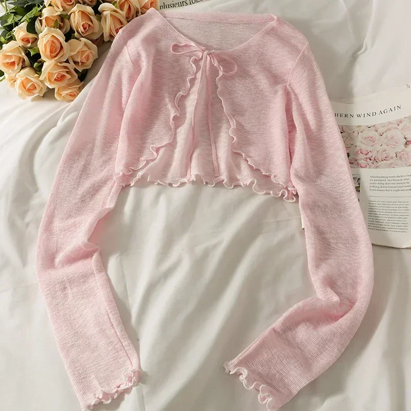 Thin Sunscreen Cardigan Lace Up Knitwear Tops Women Coat Coat Shawls Short Casual Korean Protected Style Summer Sun Summer Style