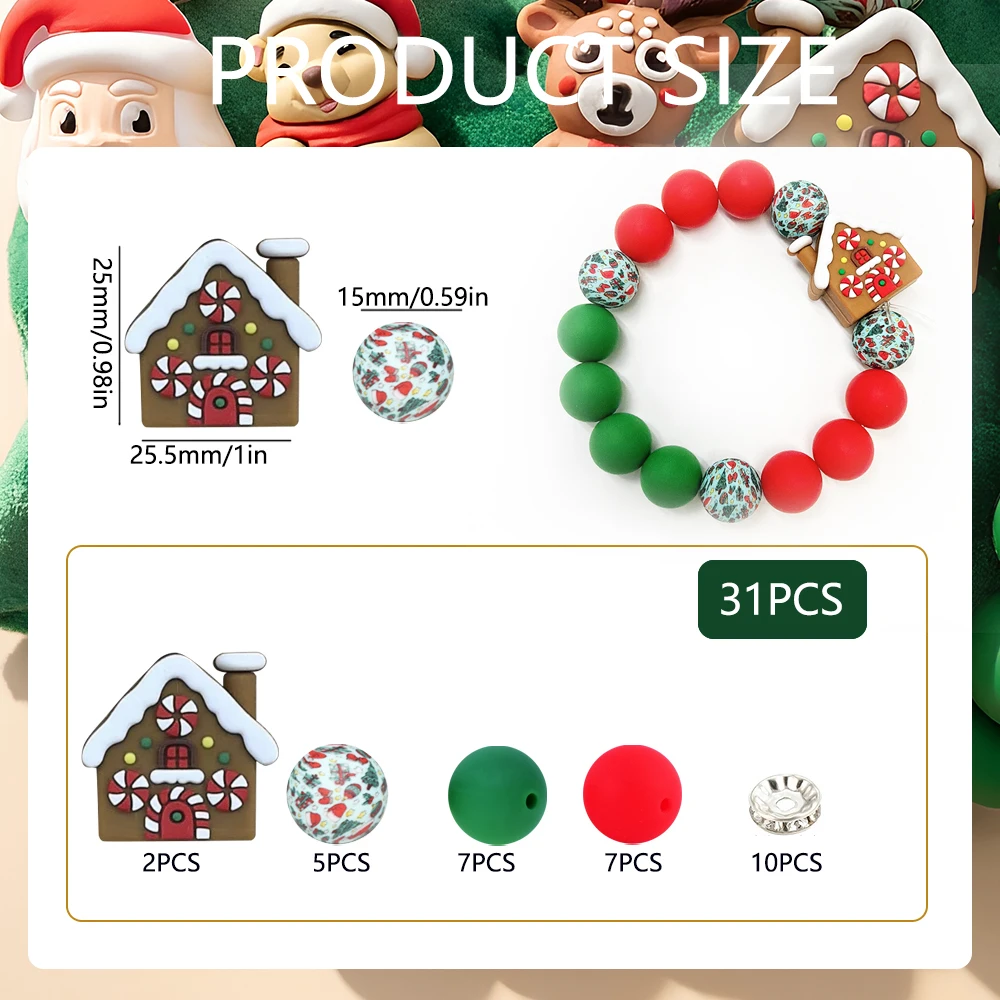 31/55-teiliges Weihnachts-Silikonperlen-Set für DIY-Halsketten, Armbänder, Dekorationen, Stifte, Schmuckanhänger usw. Geburtstagsgeschenk für die Feiertage – Detail 9