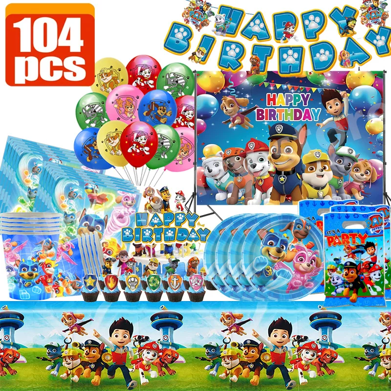 Paw Patrol Birthday Supplies Dog Birthday Party Cartoon Balloon Disposable Tableware Tablecloth Straws Cup Plates Baby Shower ﻿