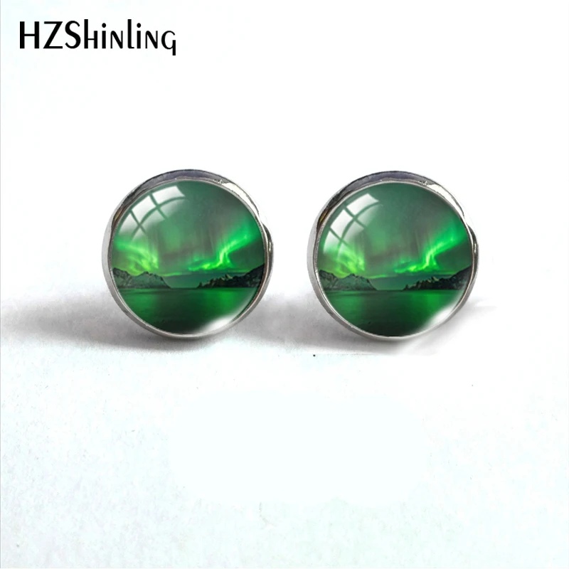 Green Northern Lights Earrings Northern Light Jewelry Light Aurora Handcraft Glass Dome Stainless Steel Stud Earrings Jewelry
