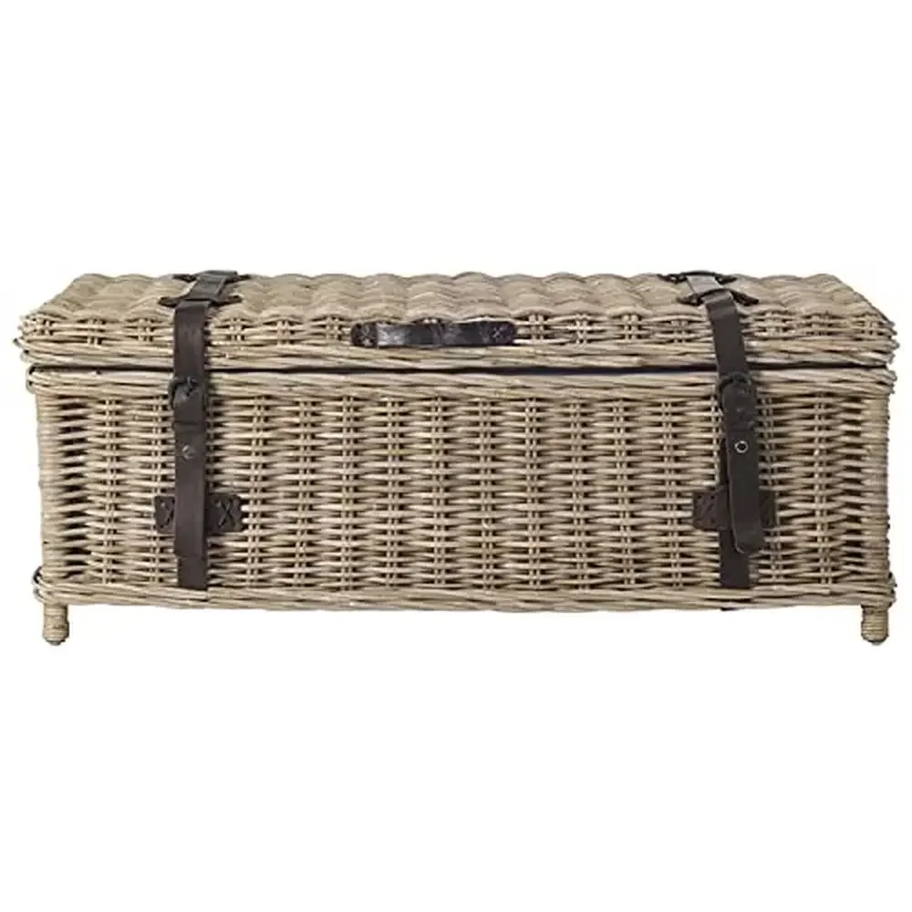 Rectangular Rattan Coffee Table Dining and Displaying White with Grey Accents Crafted of Rattan and Cotton 23.6