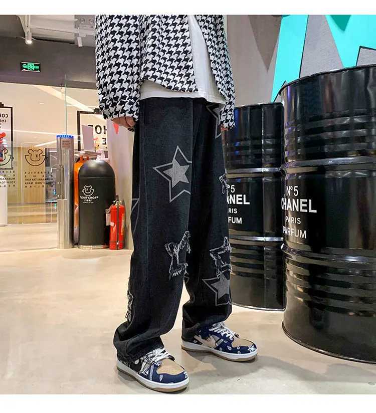 Fashion Vintage Street Style Men\'s Denim PantsStreetwear Tideway Hip Hop Printed Patchwork Pentagon Male BaggyJeans