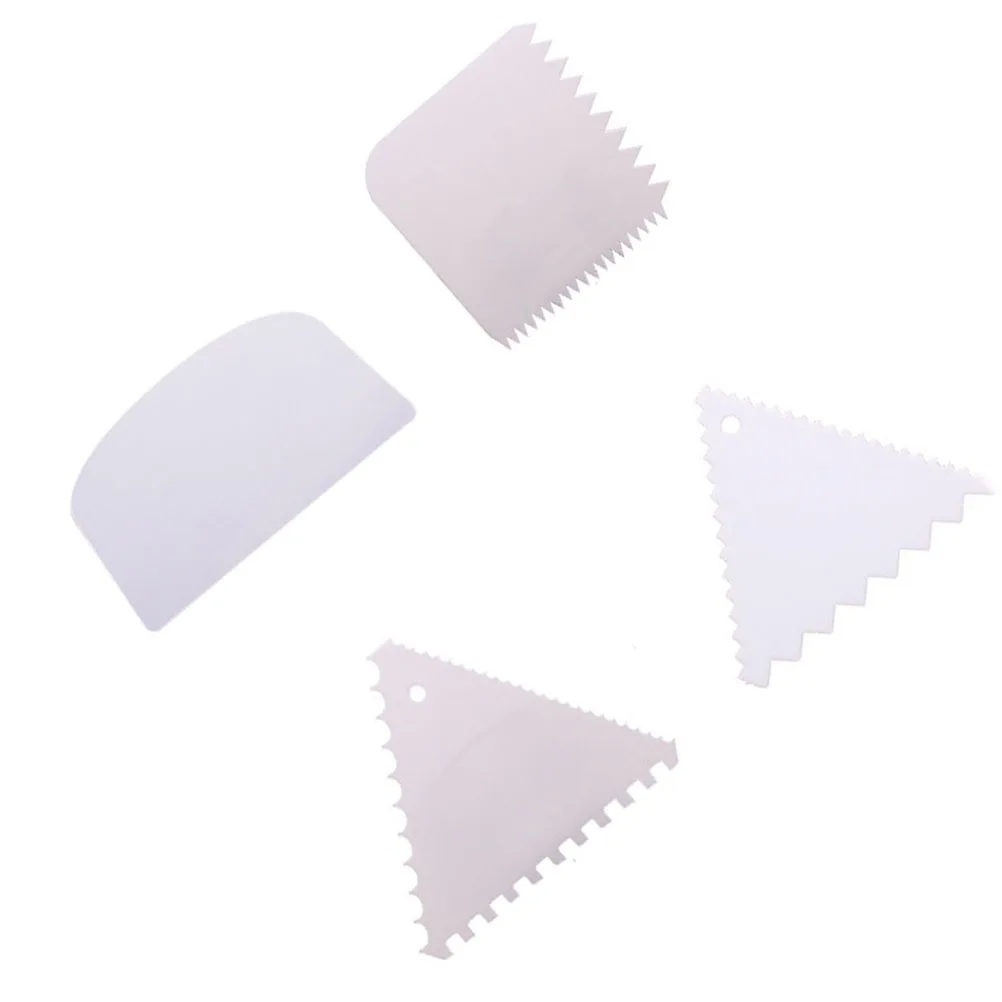 4Pcs Cake Scraper Set White Plastic Non-Stick Flexible Icing Smoother Serrated Edge Decorative Comb Baking Tool for Fondant
