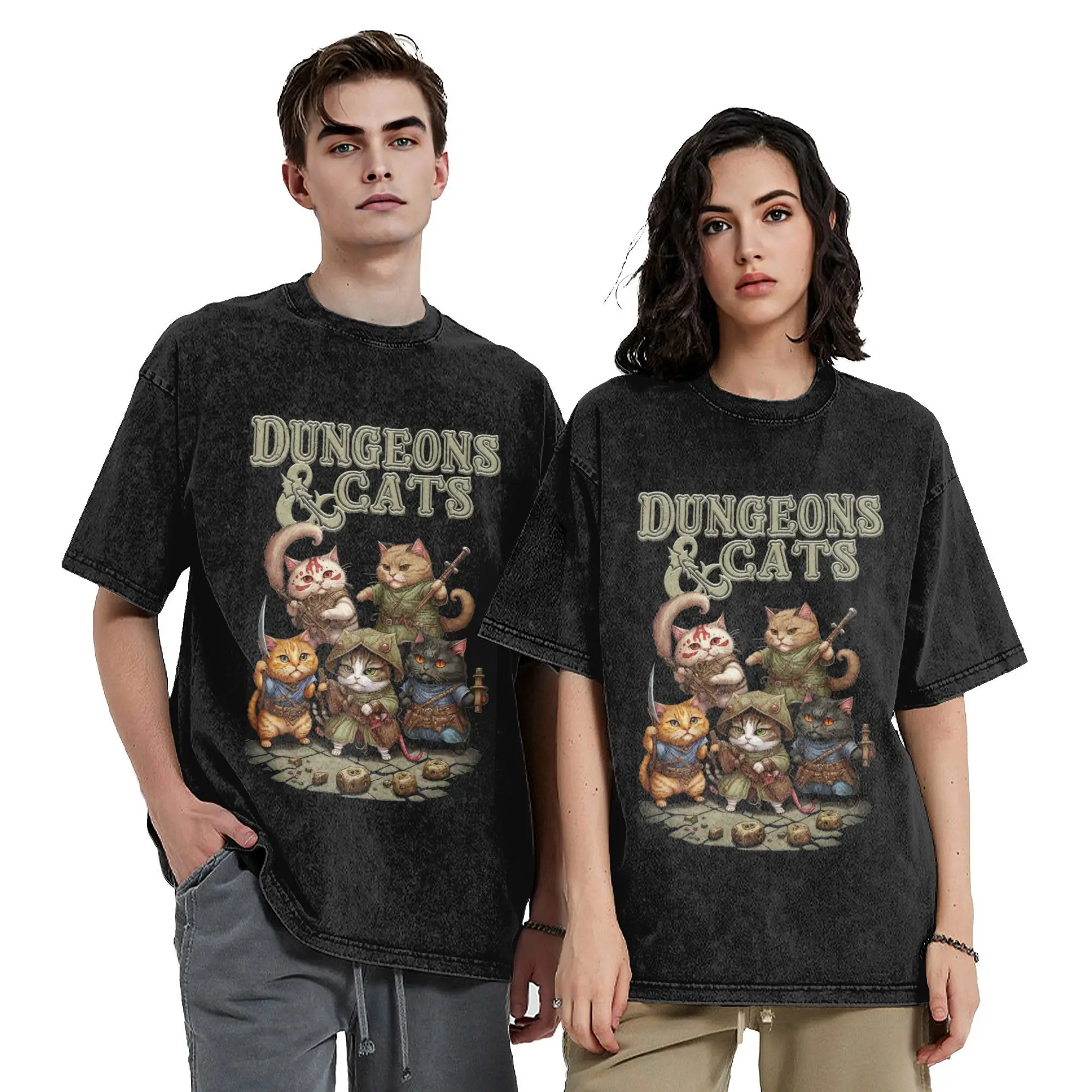 Cute Dungeon and Cats Vintage Washed T-Shirt For Men Women Round Neck Short Sleeve Tops DND Dungeon And Dragon Cotton Tops