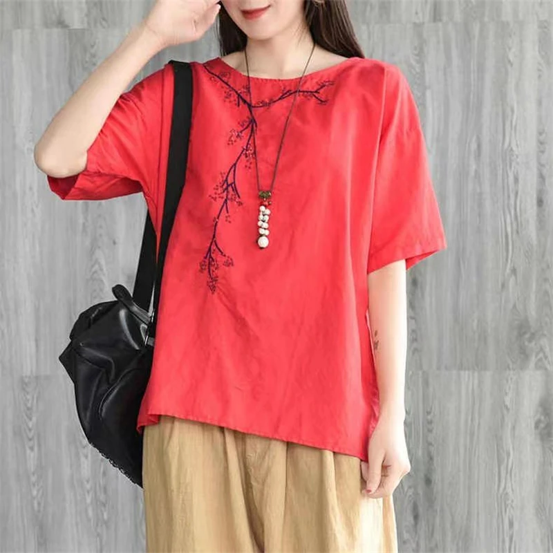 Womens Clothing Vintage Ethnic Style Embroidery Simple Cotton Linen T-shirts Summer Y2K Solid Round Neck Short Sleeve Loose Tops