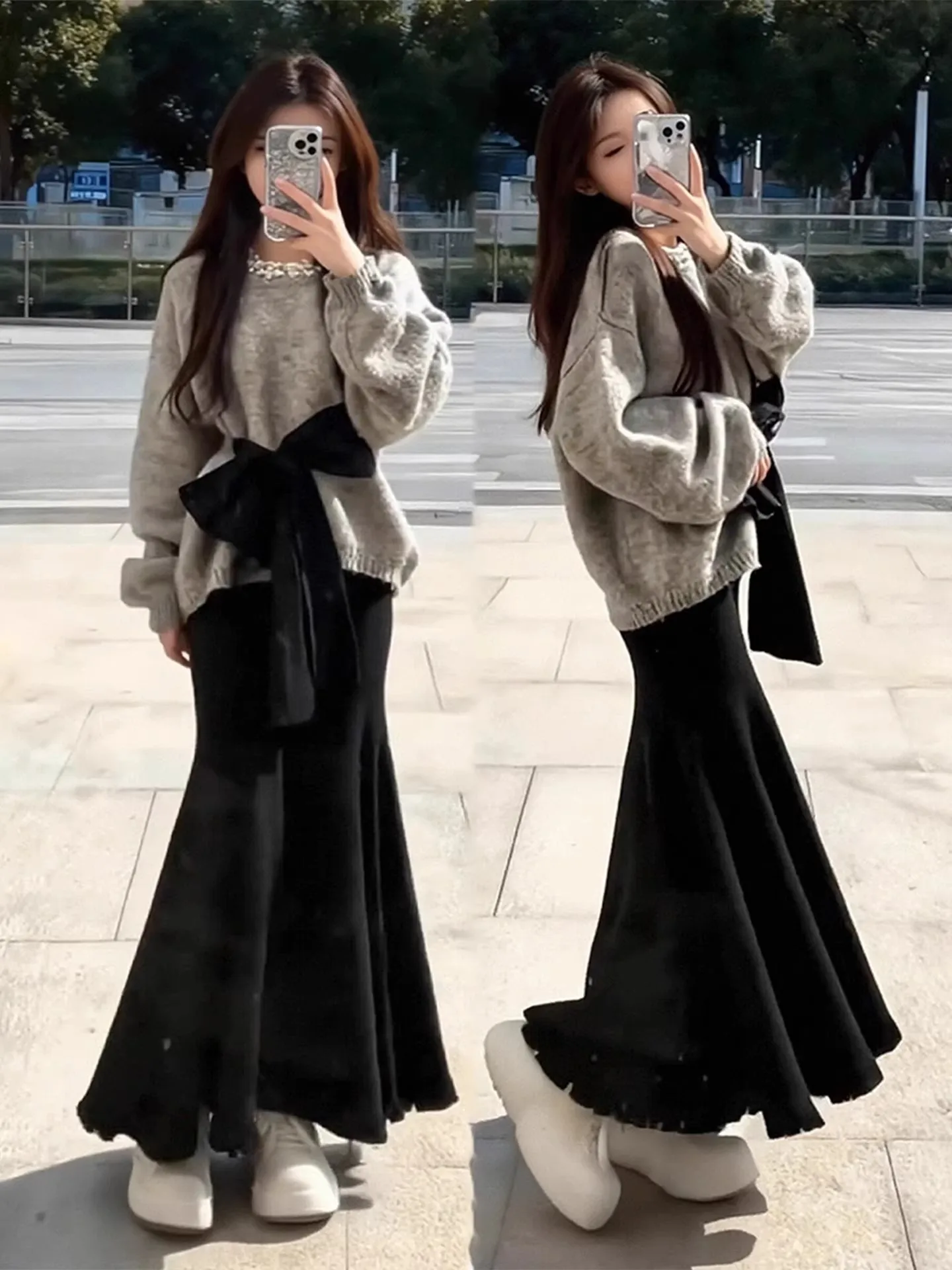 

Зимний вязаный комплект из свитера и юбки для женщин больших размеров с бантом, уникальный и привлекательный комплект из двух предметов, повседневный, теплый и стильный.