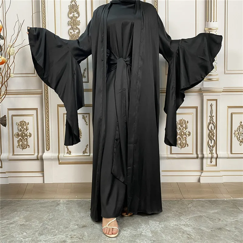 

Ramadan Eid Satin Open Kimono Abaya Dubai Turkey Bangladesh Muslim Sets Cardigan Dress Robe Islamic Jalabiya Abayas Women Kaftan