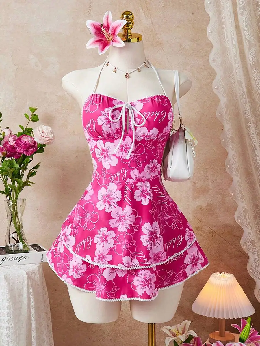 

Womens Floral Print Halter Dress With Front Bow Tie And Ruffle Hem Mini Skirt For Beach Holiday