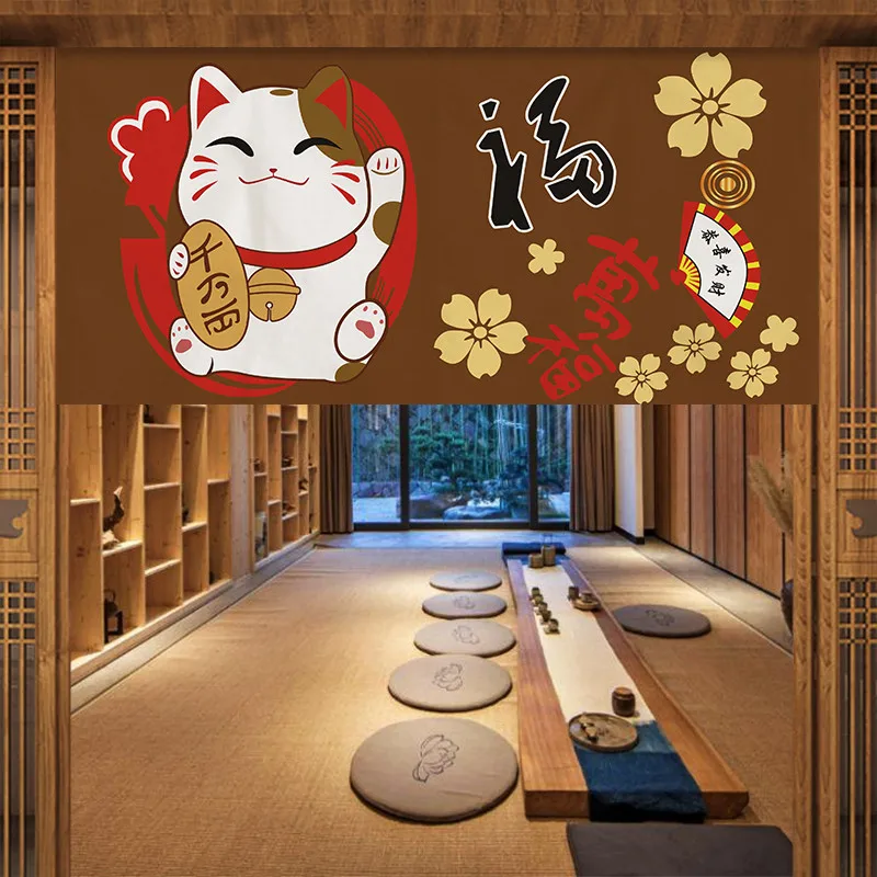 VIKAMA Japanese Fuji Cherry Blossom Lucky Cat Long Curtain Tea Shop Velcro Punch Free Fabric Divider Curtain