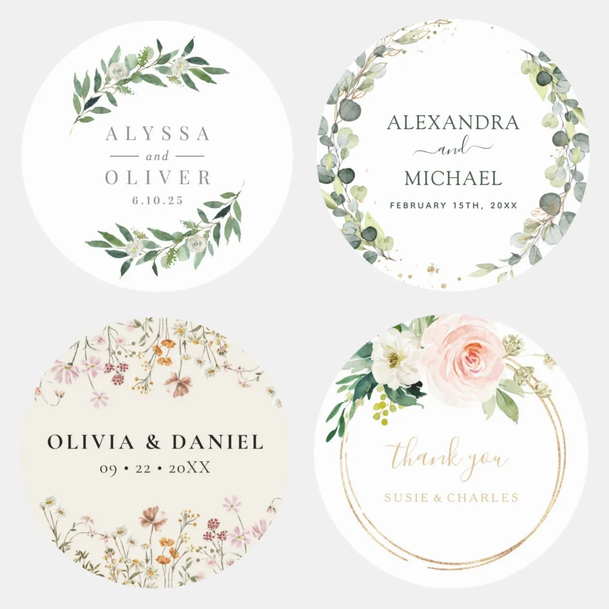 

Personalized round label stickers, wedding stickers, customized names, dates, thank you stickers