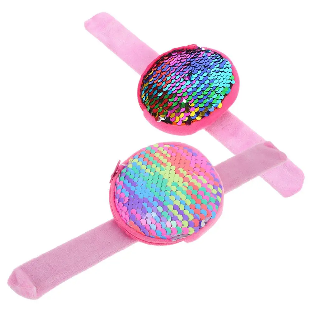 

2 Pcs Kids Sequin Slap Bracelets Adjustable Wristbands Coin Bags with Pocket for Parties Toys Travel Birthday Gifts