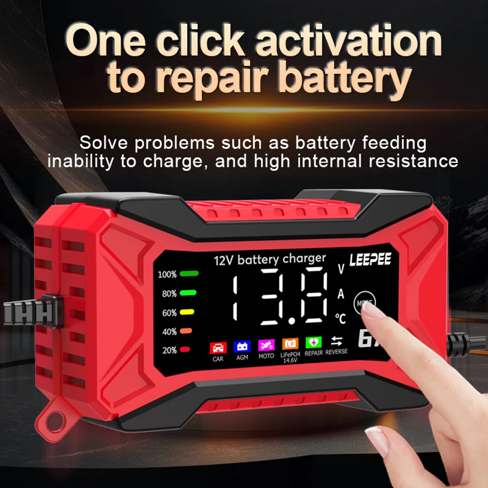 6A 12V Lead Acid Battery Chargers Intelligent Pulse Repair Digital Display Voltage Detection Car Battery Charger 110V-240V Input