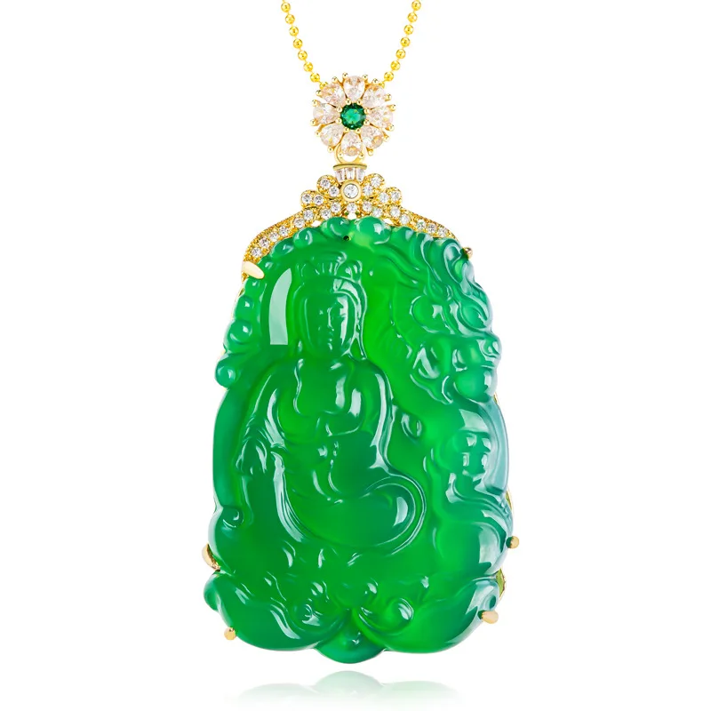 

Fashionable authentic green agate dragon descending Guanyin copper gold-plated ice inlaid pendant necklace pendant for women