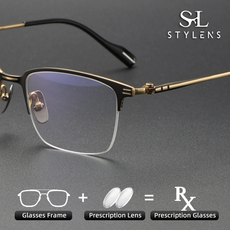 

STYLENS Pure Titanium Half Frame Glasses Men Business Glasses Electroplating Prescription Customized Progressive Glasses 70802