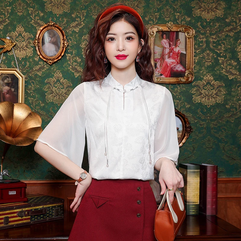 

Summer Short Sleeve Stand Collar Women Blouse Tassel White Chiffon Blouse Shirt Women Tops Blusas Mujer De Moda 2024 Verano H643