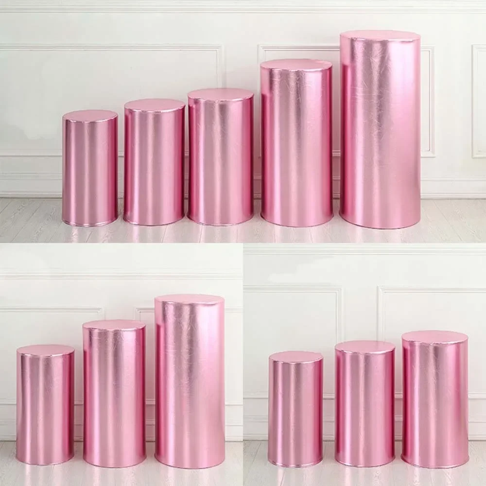 Metallic Gold Silver Pink Pedestal Covers Shiny Fabric Stretch Cloth Elastic Pedestal Cylinder Table Covers Party Decoration