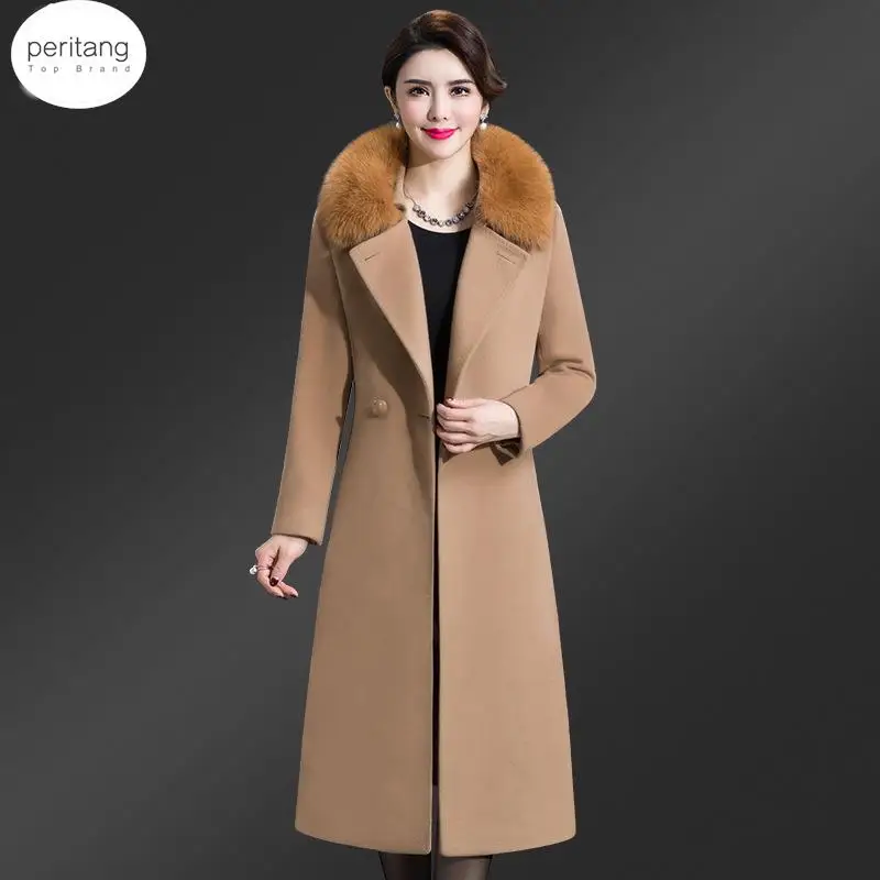 PERITANG Women Winter Wool Blends Coat Jacket 2024 New Female Girl Long Real Fox Fur Coats Parka Trench