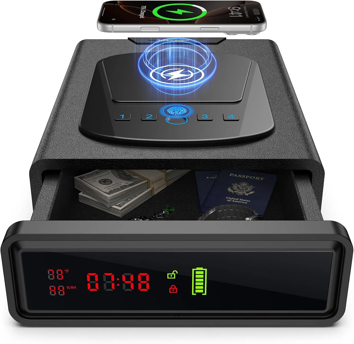 Biometric Gun Safe for Handgun, Fingerprint Safe, Alarm Clock Safe | Wireless Charging, 0.1S Auto-Open Drawer, Smart LED Display