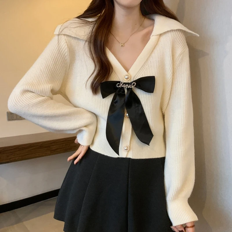 Autumn Winter Christmas Bow Knitted Cardigan Women V-neck Long Sleeve Sweet Casual Knitwear