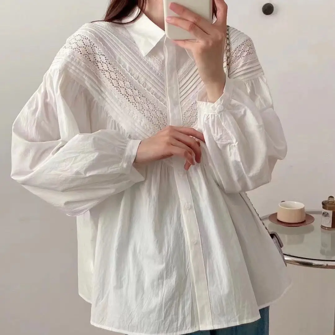 New Autumn Cotton Solid Shirts Women Lapel Collar Lace Tops Girl Puff Sleeve Loose Blouses Age Reduction Sweet Spring T39440QC