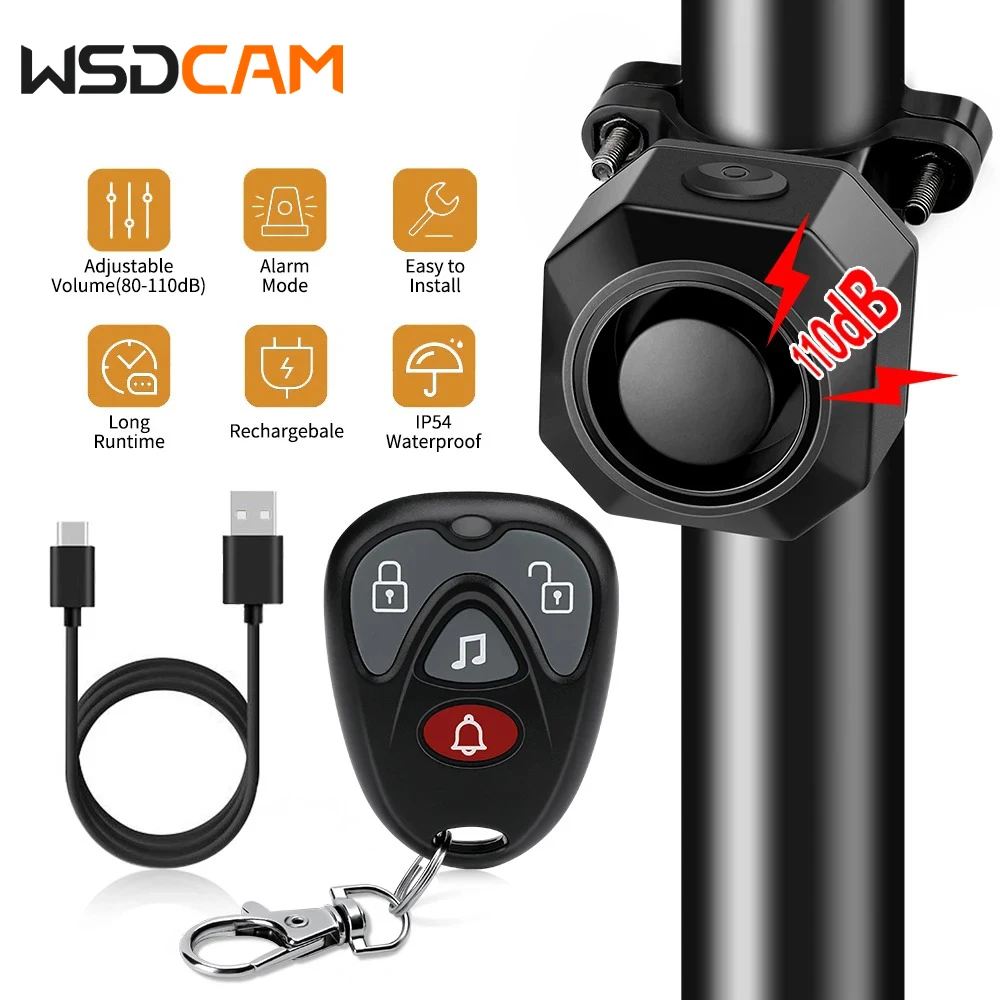 Wsdcam-Alarme de vélo sans fil, étanche, vibration, antivol de moto, dispositif antivol avec télécommande pour scooter, chariot, 113dB