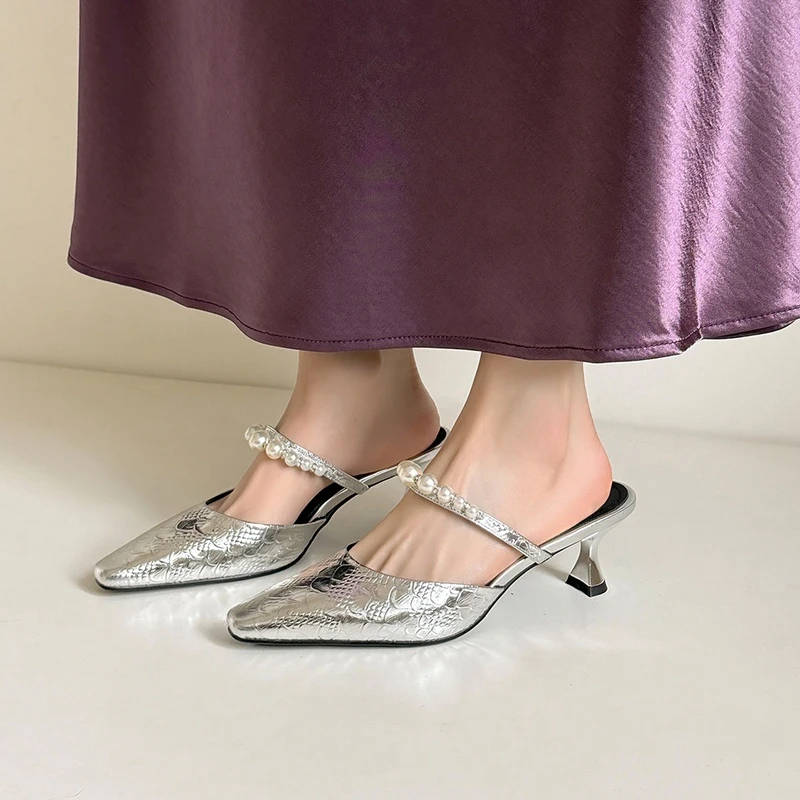 

Women's new summer genuine leather cowhide pearl high heels with toe caps, M ü ller shoes, high-end temperament fashion slippers
