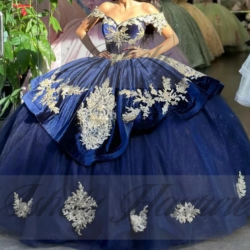 Vestidos de quinceañera azul marino mexicano personalizados, apliques de encaje, vestido de baile hasta el suelo, vestido de fiesta de graduación y cumpleaños para mujer, 15 16 niñas