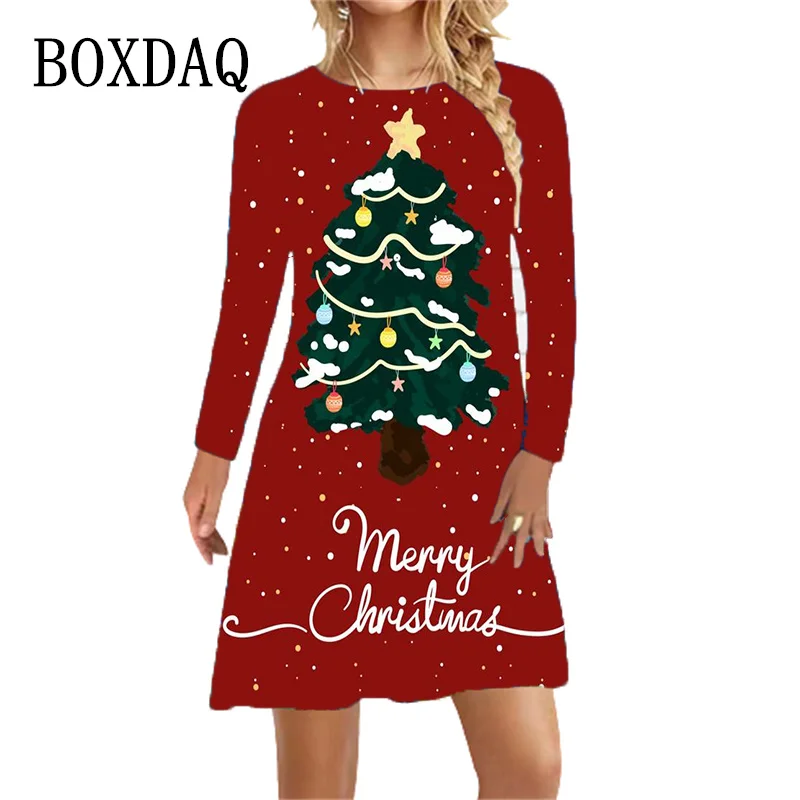 

Autumn Winter New Year Party Women Dress Elegant Red Print Long Sleeve Dress Christmas Print Casual Loose Ladies Dress Vestidos