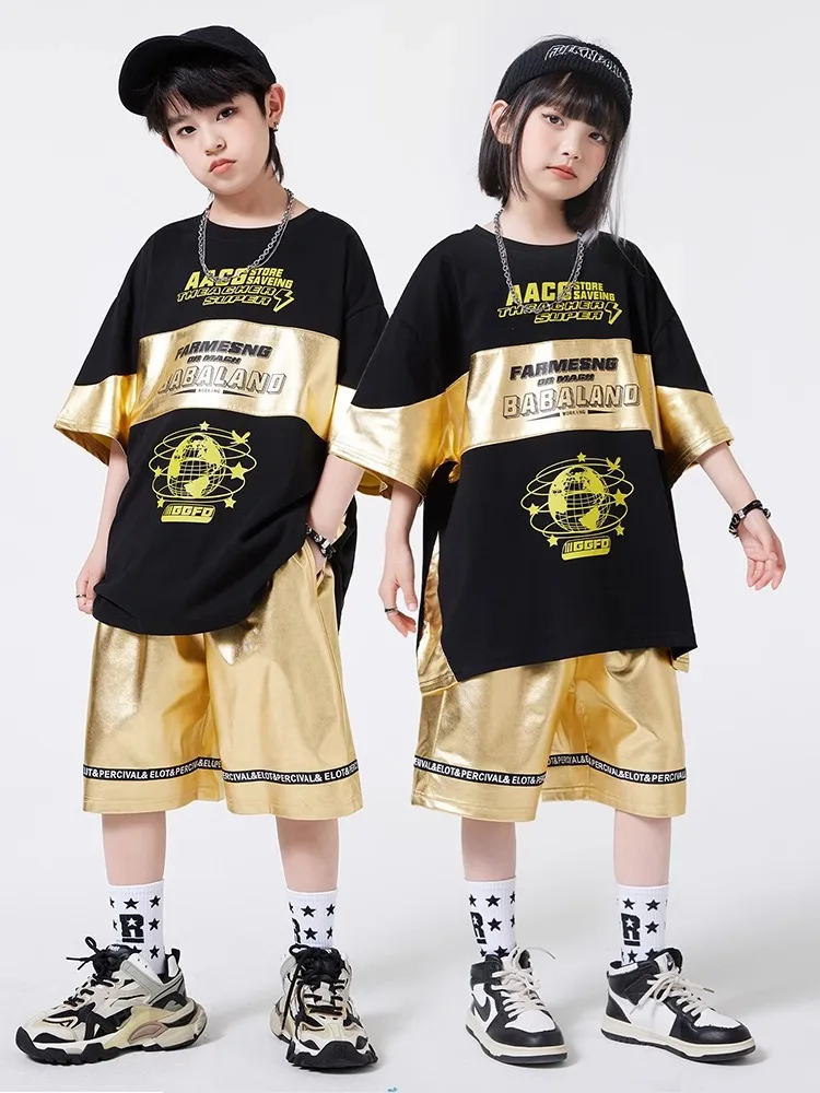 Kids Hip Hop Golden T-shirt Street Dance Shiny Shorts Girls Silver Streetwear Boys Jazz Clothes Sets Children Summer Costumes