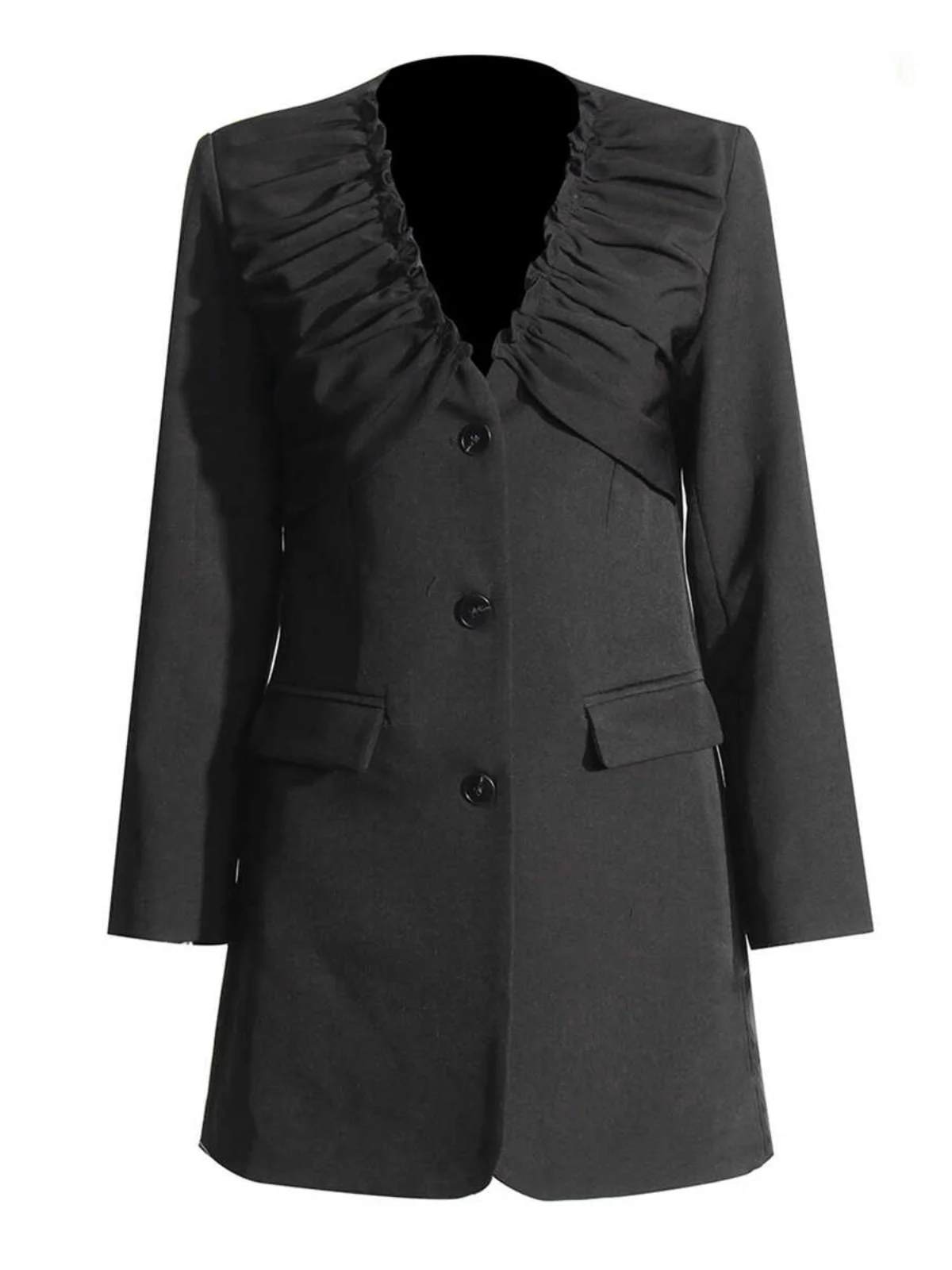 

Весенне-летний женский костюм свободного кроя с одной пуговицей, глубоким V-образным вырезом, пэчворком, плиссировкой и эффектом «ушко», черный, универсальный, для повседневной носки