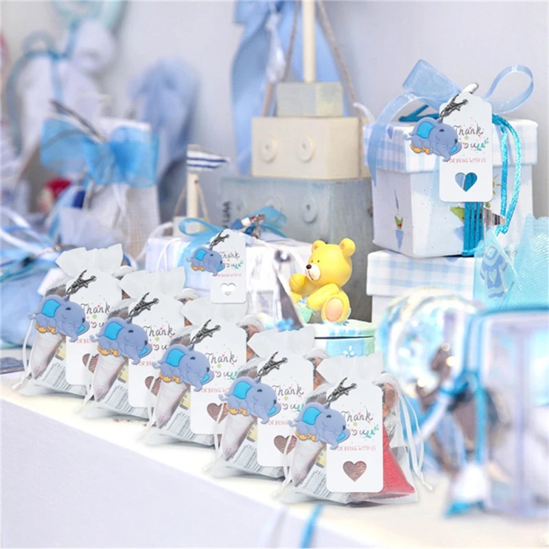 KX4B 90Pcs Baby Elephant Keychains + Thank You Kraft Tags + Organza Bags for Party