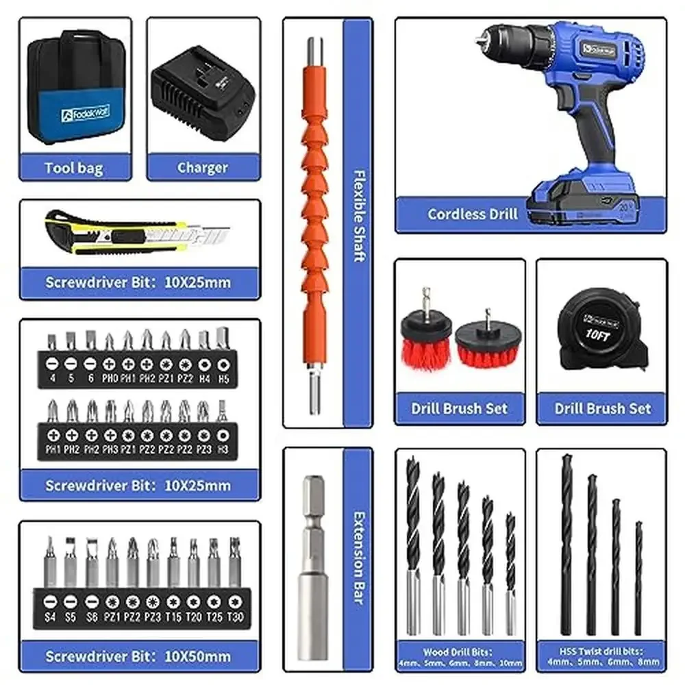 20V Cordless Drill Driver Set 2-Speed Electric Power Drill Kit with Battery& Charger 1/2inch Keyless Chuck Compact Design