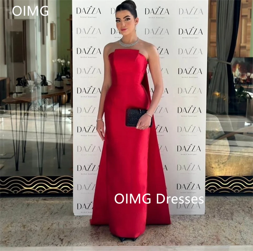 

OIMG Gorgeous Fashion Strapless Simple Prom Dresses Red Satin Cape Sleeveless Backless Evening Gowns Formal Party Dress