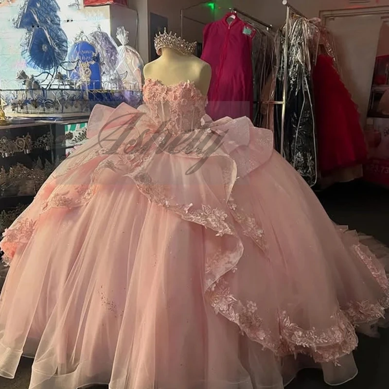 

Элегантные настоящие розовые платья Quinceanera, бальное платье с цветочной аппликацией, многоуровневая пышная юбка, одежда для выпускного вечера для особых случаев, вечерние на заказ