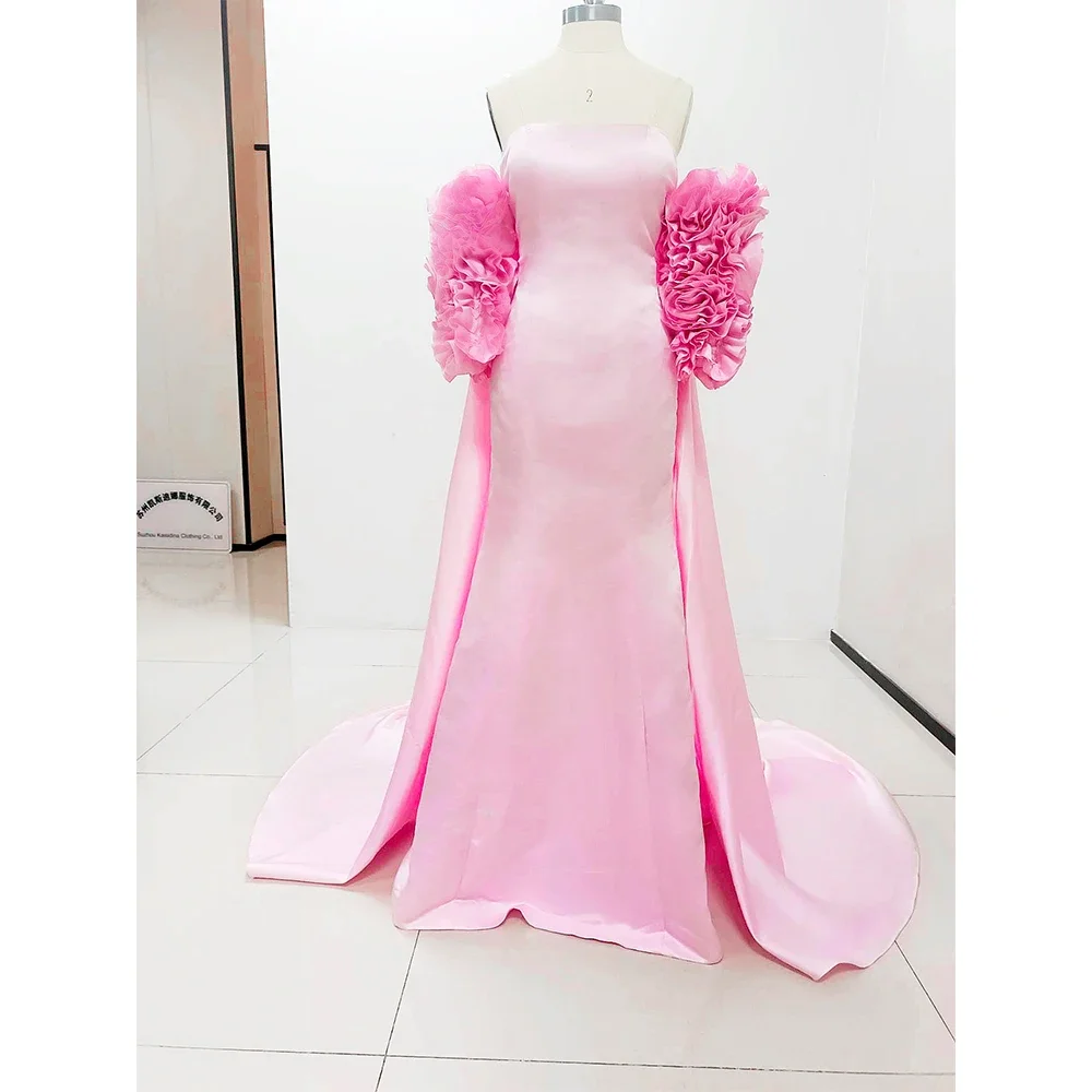 Fashion Pink Guest Luxury Women's Evening Dresses 2024 Flowers Real Image Chapel Train Formal Occasion Gowns Strapless Vestidos