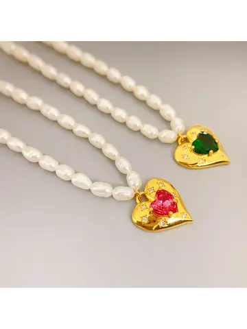 Freshwater Pearl Millet Beads Necklace with Cubic Zircon Heart Pendant - Elegant Light Luxury Style (Wholesale) M545