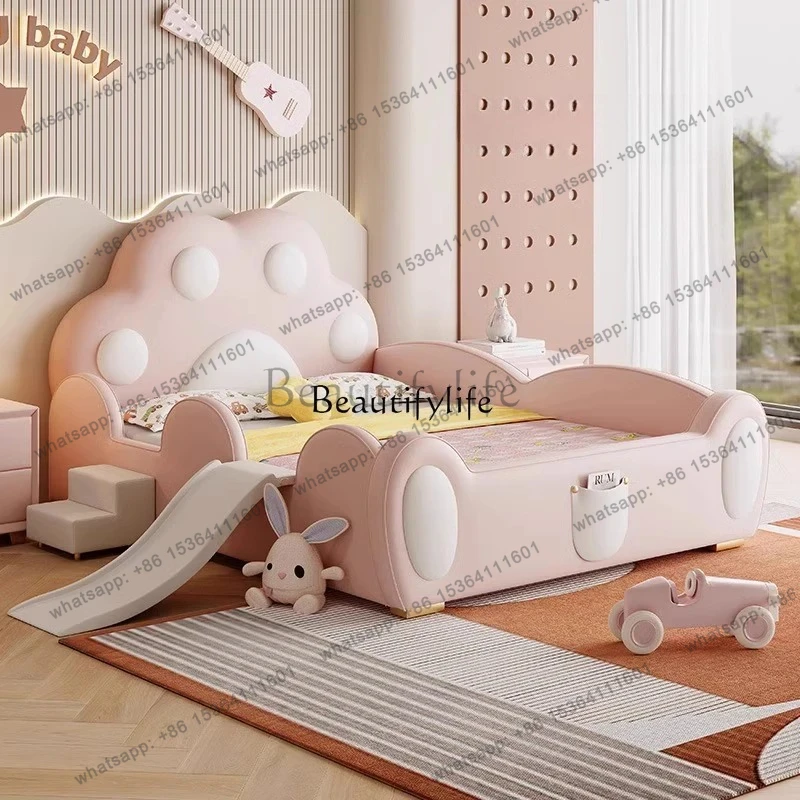 

Pink children's bed cat catch girl princess bed with guardrail slide bed modern light luxury